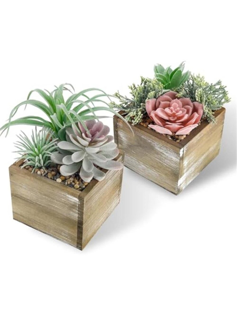 Artificial Cactus Succulent Plants Wood Planter Faux Desk Home Decor Set of 2
